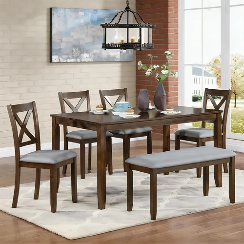 Vista 20 de LUMISOL - Juego de mesa de comedor de madera maciza con 4 sillas tapizadas y banco para cocina, comedor, sala de estar, gris plateado