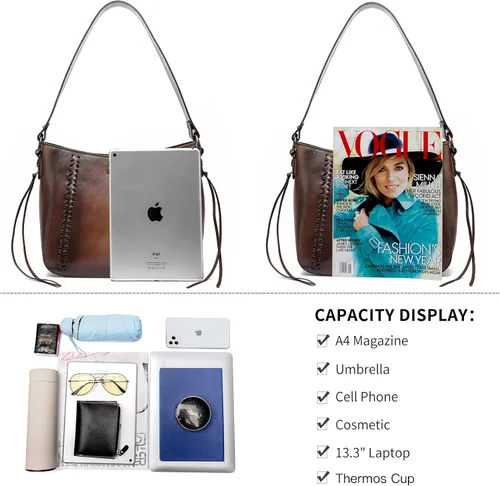 Vista 5 de Montana West Monederos de cuero genuino para mujer, bolsos Hobo con asa de herramientas y borlas