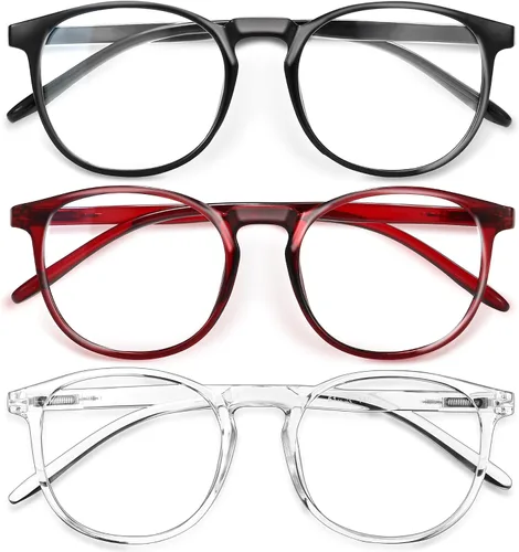Vista 23 de IBOANN - Lentes con filtro de luz azul para mujeres y hombres, paquete de 3 unidades, armazón redonda estilo retro a la moda, lentes falsos vintage