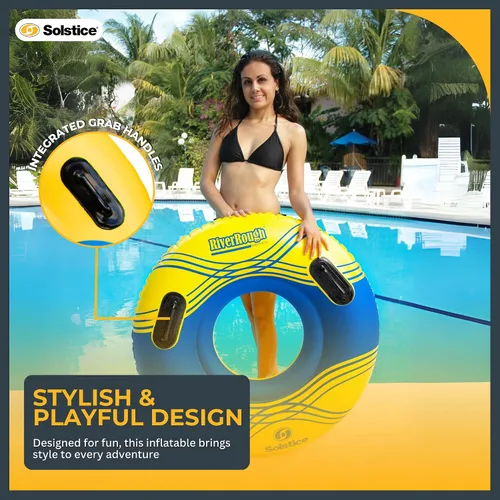 Vista 5 de Solstice Inflatable Tube Float – Heavy-Duty Material with Grab Handles for Pool, Lake & River – Compact with Mesh Base, Cupholders, & Rope – Cooler