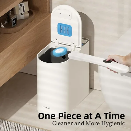 Vista 6 de Cubo de basura para baño con tapa - Bote de basura inteligente con sensor de movimiento y cepillo para inodoro, 2 galones / 7L, pequeño cubo