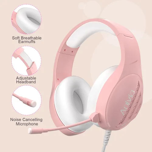 Vista 5 de Anivia - Auriculares de computadora con sonido envolvente estéreo con cable con micrófono para PC, MAC, PS4, PS5, Xbox One, color rosa