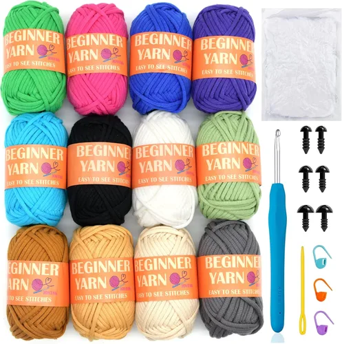 Vista 8 de 24 Pack de Hilo de Ganchillo para Principiantes Azul Rosa Púrpura Marrón Arcoíris de Algodón para Tejer y Ganchillo con Puntos Fáciles de Ver Kit