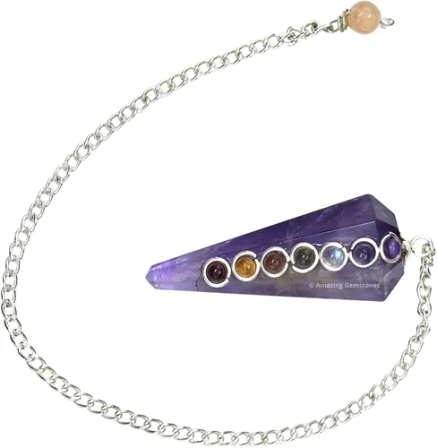 Vista 4 de Péndulo de cristal de amatista Amazing Gemstone para adivinación - Collar de péndulo con cabujón de chakra y cadena