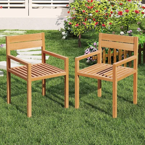 Vista 2 de Tangkula Silla de madera de teca para exteriores, sillón de comedor con asiento y respaldo de tablillas, muebles de asiento de madera maciza