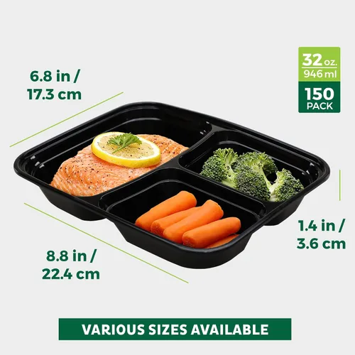 Vista 4 de Freshware Contenedores de preparación de comidas [paquete de 150] 3 compartimentos con tapas, recipientes de alimentos, lonchera, apilables, caja
