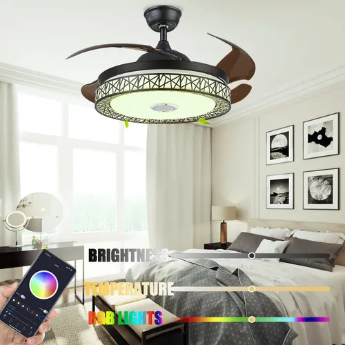 Vista 4 de Fandian Ventilador de techo Bluetooth inteligente moderno de 42 pulgadas con luces de control remoto, lámpara de techo retráctil, 7 luces