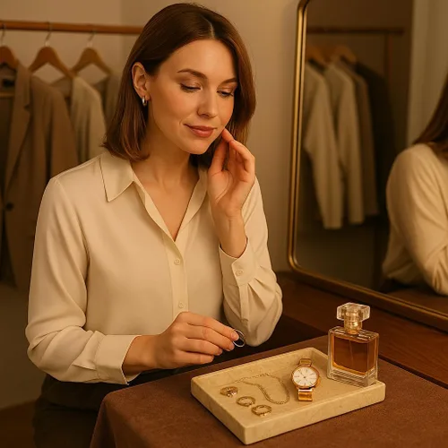 Vista 3 de Lujosa bandeja de tocador de mármol natural tallada a mano, organizador elegante y resistente para baño, dormitorio, maquillaje, encimeras, beige