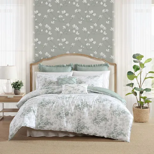 Vista 21 de Laura Ashley - Juego de edredón King, ropa de cama de algodón suave y reversible, juego de cama de peso medio de 7 piezas con fundas de almohada a