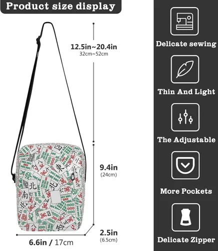 Vista 3 de Bolso tipo mensajero blanco con azulejos Mahjong para mujeres y hombres, bolso cruzado para el hombro, para teléfono celular, bolso lateral