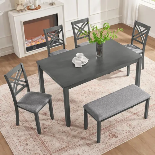 Vista 18 de Juego de mesa de comedor de 6 piezas, mesa rectangular con 4 sillas y banco negro beige (Black+beige)