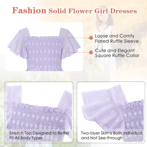 Vista 6 de Kids4ever 6-12T Vestido de gasa para niñas con pompones sólidos y volantes de manga corta con volantes y cuello cuadrado para niños