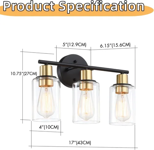 Vista 3 de Lámpara de tocador de 3 luces negra y dorada sobre el espejo, lámparas de pared de baño con pantalla de vidrio transparente que incluye base mediana