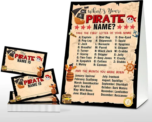 Vista 7 de Juego de "What's Your Pirate Name" - Juegos vintage de fiesta de cumpleaños pirata para niños - Actividad escolar familiar en el aula - 1 letrero