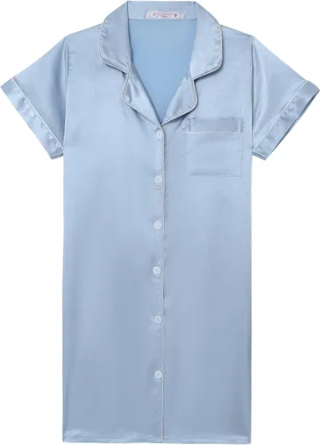 Vista 11 de Hupohoi - Vestido de pijama de satén para niñas, con botones, ropa de dormir sedosa, camisón de manga corta, camisa de noche, vestidos Negro
