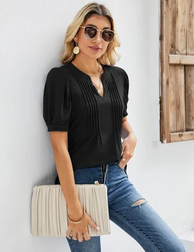 Vista 2 de Micoson Camisetas plisadas de manga corta con cuello en V para mujer, blusa casual de verano