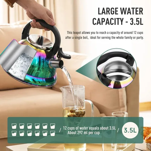 Vista 6 de Hervidor de Té Weftnom, Hervidor 3.7QT, Tetera Silbante de Acero Inoxidable 316, Hervidor de Té para Estufa con Mango Plegable de Enfriamiento