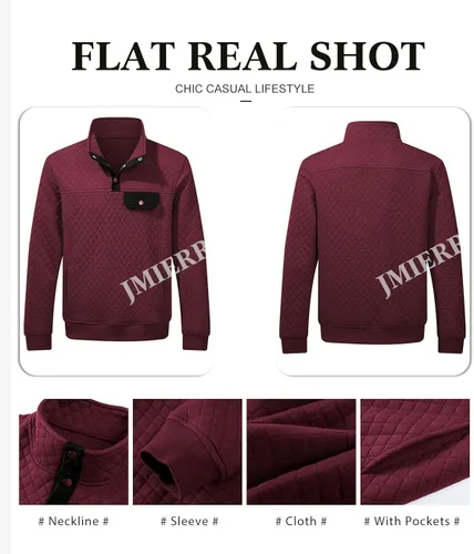 Vista 5 de JMIERR Sudadera acolchada para hombre casual manga larga cuello alto botones