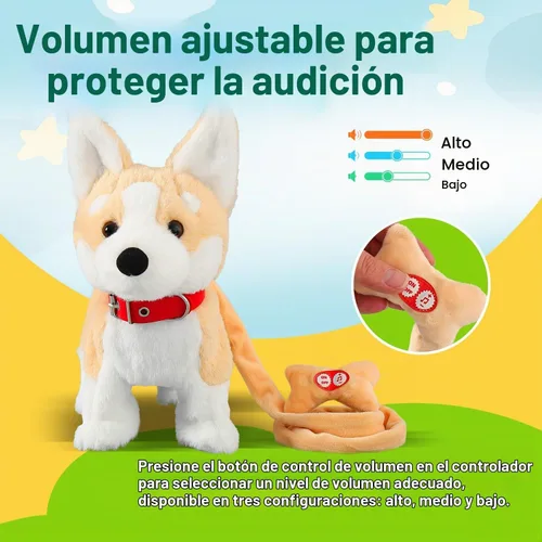 Vista 4 de HCdoujoy Perro Corgi juguete que camina y ladra, cachorro interactivo musical que canta y baila con control de volumen, camina con correa, menea