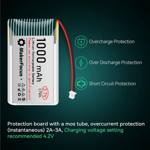 Vista 6 de Batería recargable de polímero de litio de 3.7 V 1000 mAh con placa de protección, cinta de goma aislada y enchufe JST 1.25 para placa de desarrollo