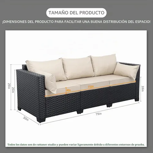 Vista 2 de Rattaner Muebles de patio, sofá de mimbre de 3 asientos, muebles de exterior, sofá de exterior, asiento profundo, respaldo alto, funda impermeable