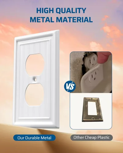Vista 2 de DEWENWILS Paquete de 4 tapas blancas para enchufes y placas de interruptores, placas decorativas de pared de metal para interruptores de luz y tomas