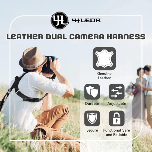 Vista 6 de Leather Dual Camera Harness Strap for Photographers,Adjustable Shoulder Crossbody Padded Harness for DSLR SLR