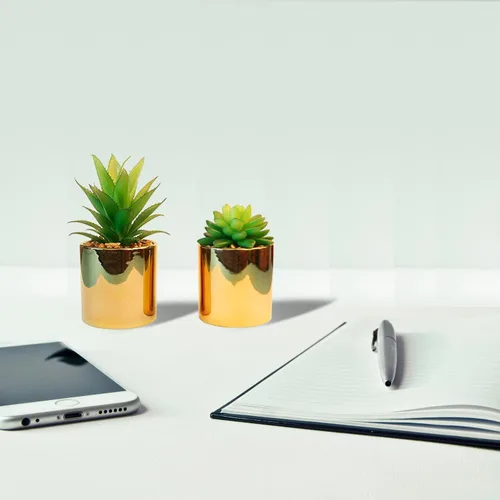 Vista 7 de Plantas artificiales suculentas de imitación de 7 y 5 pulgadas en macetas para decoración del hogar, juego de 2 macetas doradas