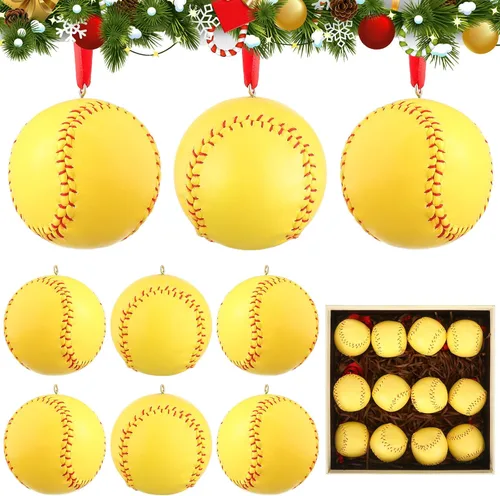 Vista 8 de Newwiee 6 piezas de adornos de Navidad de sóftbol a granel decoraciones deportivas para árbol de Navidad, adorno decorativo de béisbol de piel