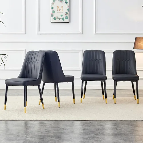 Vista 6 de Juego de 4 sillas de comedor modernas, juego de sillas de cocina de piel sintética, asiento tapizado acolchado grueso, sillas laterales negras sin