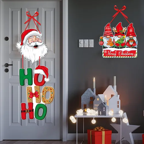Vista 7 de Cartel de Navidad para puerta delantera de porche, decoración de Navidad en rojo y verde, carteles de papel para fiesta, carteles, árboles, alces