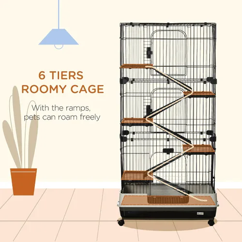 Vista 3 de Jaula para animales pequeños de 6 niveles PawHut con ruedas, bandeja extraíble, plataforma y rampa para conejos, chinchillas, hurones, color negro