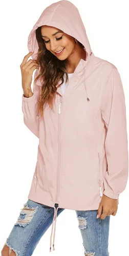 Vista 4 de Avoogue Chaqueta impermeable para mujer, ligera, transpirable, con capucha, rompevientos activos con bolsillo