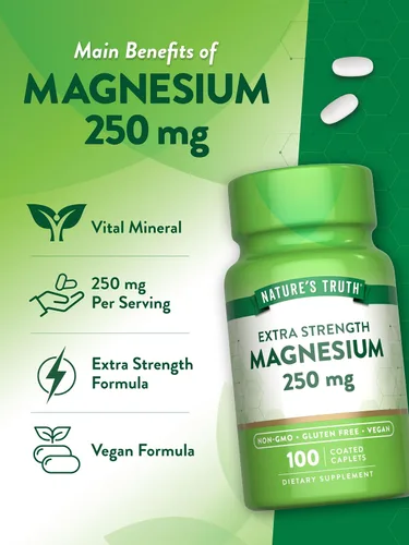 Vista 5 de Nature's Truth Suplemento de magnesio 250 mg 100 comprimidos Vegano, sin OMG y sin gluten