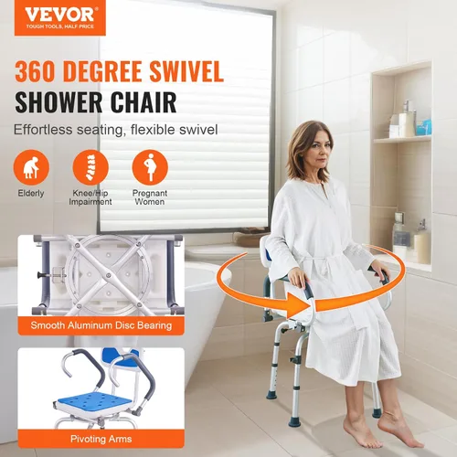Vista 2 de VEVOR Silla de ducha giratoria de 360 grados, asiento de ducha ajustable con brazos giratorios para duchas o bañeras interiores, silla de ducha