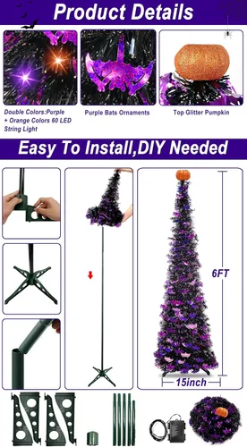 Vista 3 de TURNMEON Árbol de Halloween de oropel negro de 6 pies con luces
