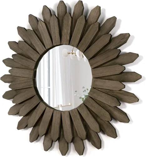 Vista 19 de Honiway Espejo de pared negro de 12 pulgadas, decoración de pared bohemia de madera, espejo decorativo para decoración de habitación, decoración