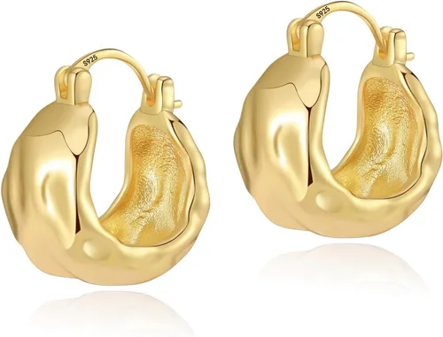 Vista 9 de Silver Earrings Hammered Small Chunky Hoop Earrings for Women A-oro de 14 quilates
