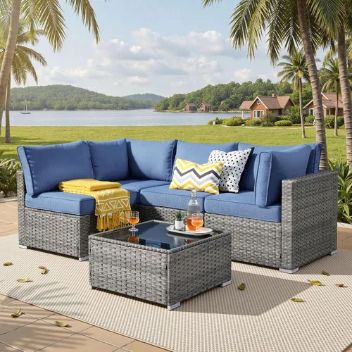 Vista 10 de ovios Juego de muebles de patio al aire libre de 5 piezas con mesa de café, conjunto seccional de muebles de patio con sofá de mimbre para todo tipo