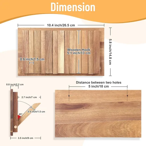 Vista 9 de Pequeño Perchero para Apartamento: 10.4 Pulgadas de Madera Rústica con 6 Ganchos de Pared Montable Retractable para Espacios Estrechos, Entrada