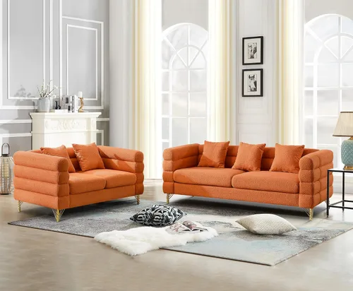 Vista 13 de Cómodo sofá de 3 plazas, sofá Boucle de gran tamaño de 81 pulgadas con diseño de asiento profundo, sofá tapizado con 2 almohadas, moderno sofá