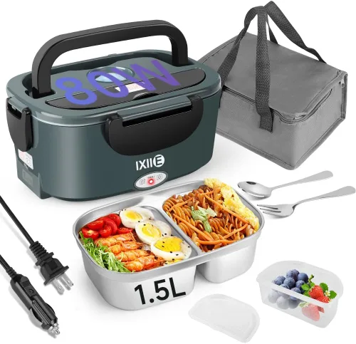 Vista 10 de IXIIE Fiambrera eléctrica de 80 W para adultos, calentador de almuerzo de 1.5 L con 2 compartimentos para camiones/coches/trabajo, lonchera térmica