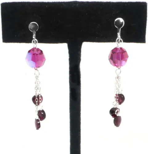 Vista 4 de Garnet Tiny Hearts Fuchsia Crystal Earrings January Birthstone Non Pierced Clip On