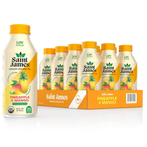 Vista 6 de Saint James Té verde orgánico, sin OMG, sin gluten, bajo en calorías y bajo en azúcar, té verde original, paquete de 12 (16 onzas líquidas cada uno)