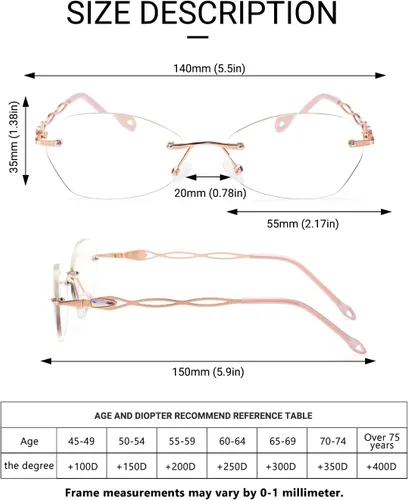 Vista 2 de LUFF Rimless Reading Glasses for Women,Stylish Anti-Blue Light Lightweight Fashion Frameless Reader for Ladies Ultra-light 16g Metal Anti