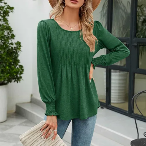 Vista 4 de Túnica lisa para mujer, estilo casual, elegante, cuello redondo, manga larga, plisada, para llevar con leggings
