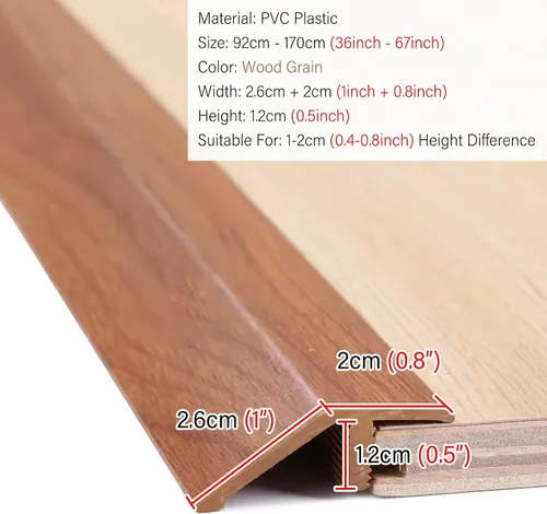 Vista 3 de Transición de piso de PVC para suelos irregulares de transición 1/2, reductor de umbral de puerta de interior y exterior con grano de madera, 36