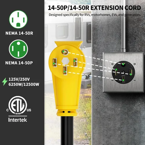 Vista 7 de POWGRN NEMA 14-50P a NEMA 14-50R Cable de extensión de alimentación de 50 amperios para RV/EV de 10 pies al aire libre con mango de agarre, cable
