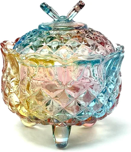 Vista 10 de Tarro de almacenamiento de caramelos de vidrio de cristal colorido con relieve, lujoso recipiente para buffet de galletas con tapas, caja