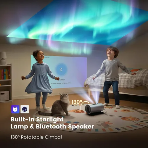 Vista 7 de Smart Portable Projector with WiFi and Bluetooth, USB-C Powered, Mini Projector Built-in Apps & Android 14 OS, 1080P FHD HDR10, TOF Real-Time Auto